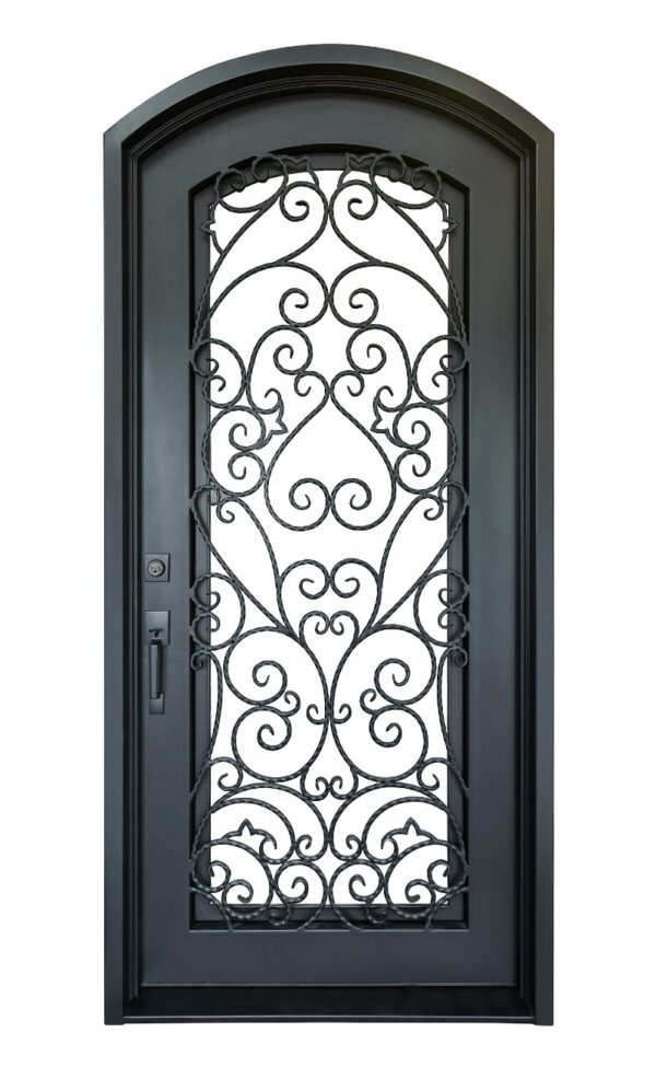 wrought-iron-single-door-42x96-full-light-arched-top-scrollwork -closed