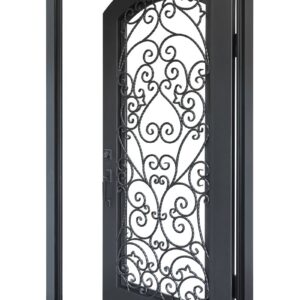 wrought-iron-single-door-42x96-full-light-arched-top-scrollwork -open